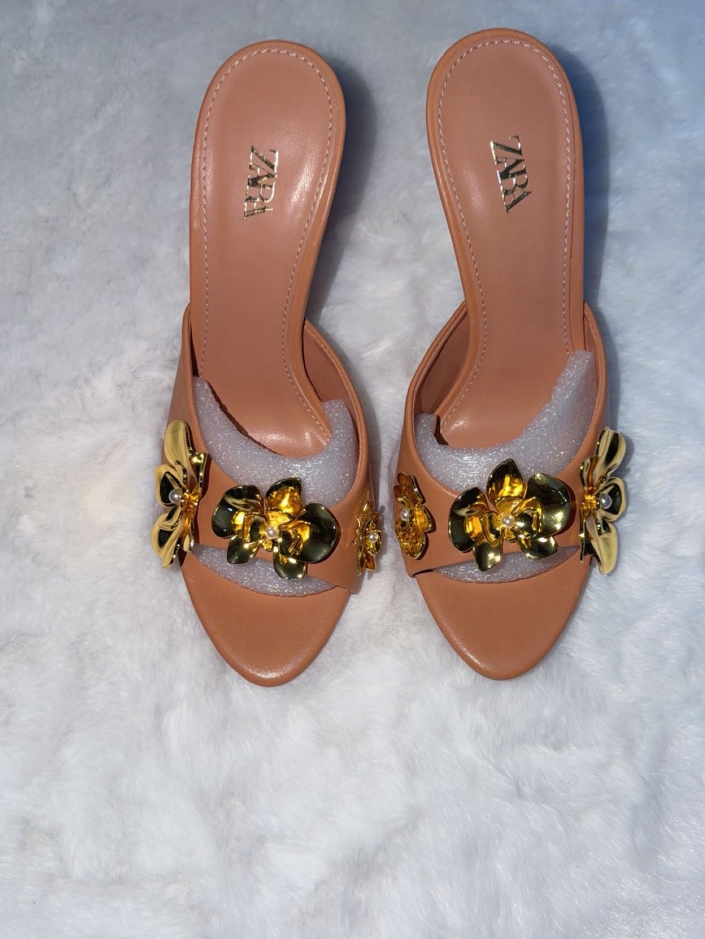 Zara Brown Slide Mules with Gold Floral Hardware